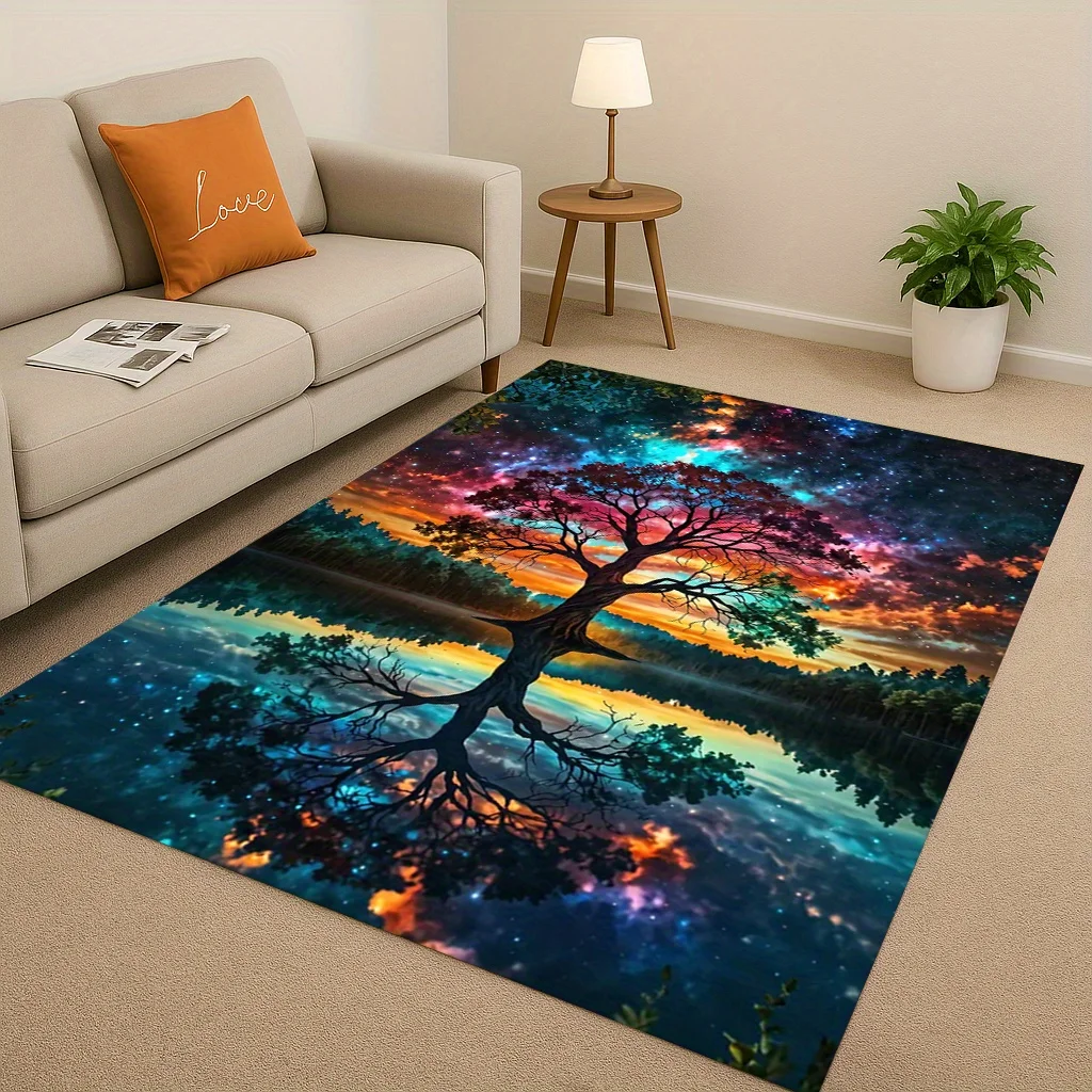 

Vibrant Tree of Life Print Area Rug, Galaxy Sky Reflection Non-Slip Floor Mat for Living Room Bedroom, Dreamy Nature Home Decor