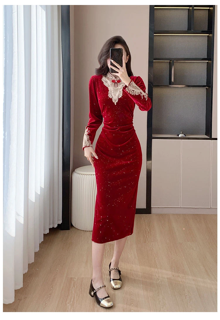 Robe en velours rouge mince patchwork de dentelle de style français pour femmes, robes en velours pour femmes, printemps, automne