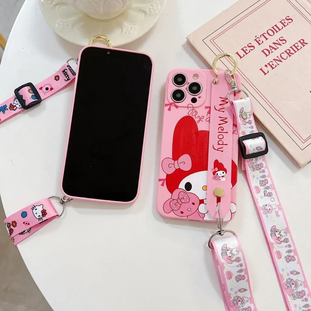 Чехол Hello Kitty для iPhone 6, 6s 7, 8 X Xs Max XR 11, 12, 13, 14, 15 Pro Max SE, ремешок на запястье, веревка