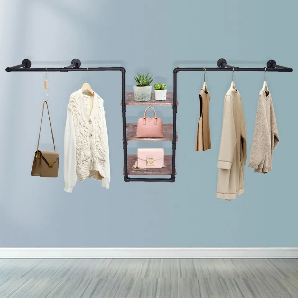 Industrial Pipe Clothing Rack Wall Mount Garment Rack with Three Storage Shelves Clothing Display Rack Retail Display Shelf