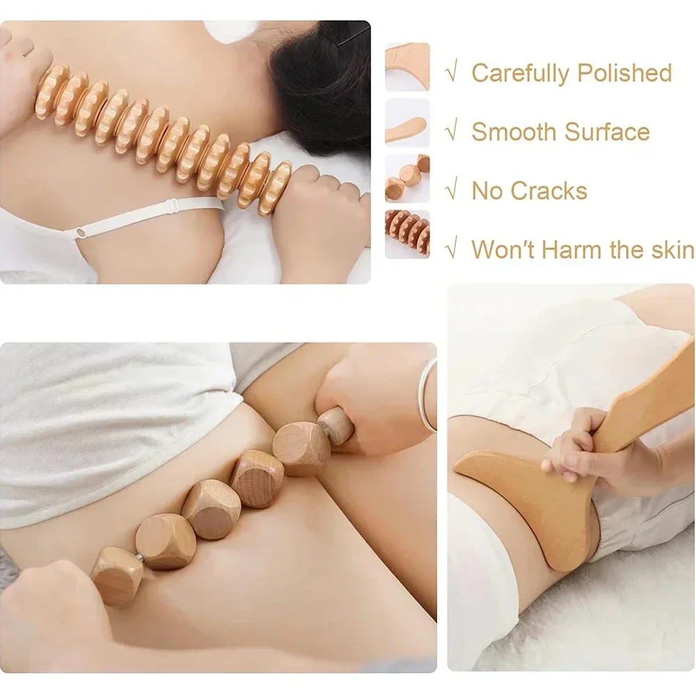 Massage Roller Wooden Therapy Massager Anti-Cellulite Professional Gua Sha Tool Deep Tissue Relax Massager for Body Face Lifting