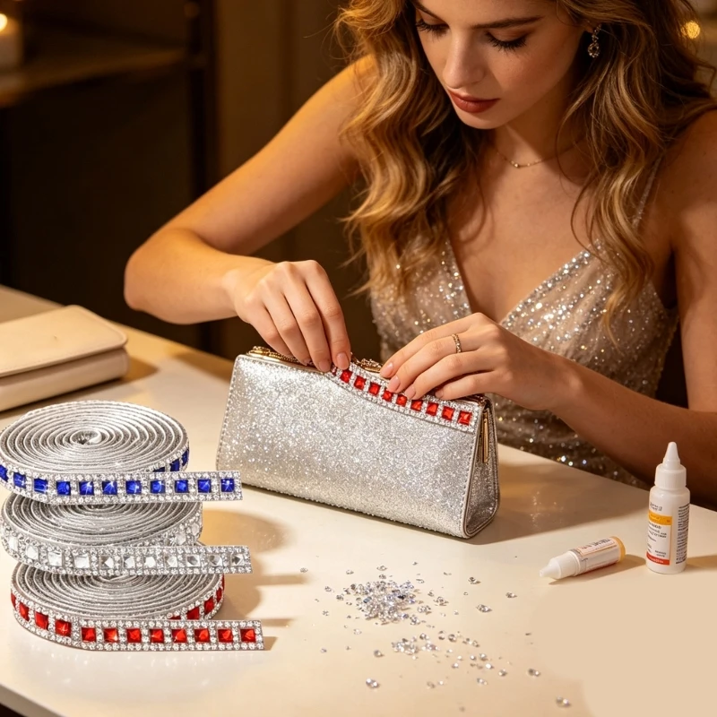 A2BB Patriotics Crystal Ribbon Rolls for DIY Decors, Red Blue and White Adhesive Rhinestones Trim for Card, Box, Invitation, and