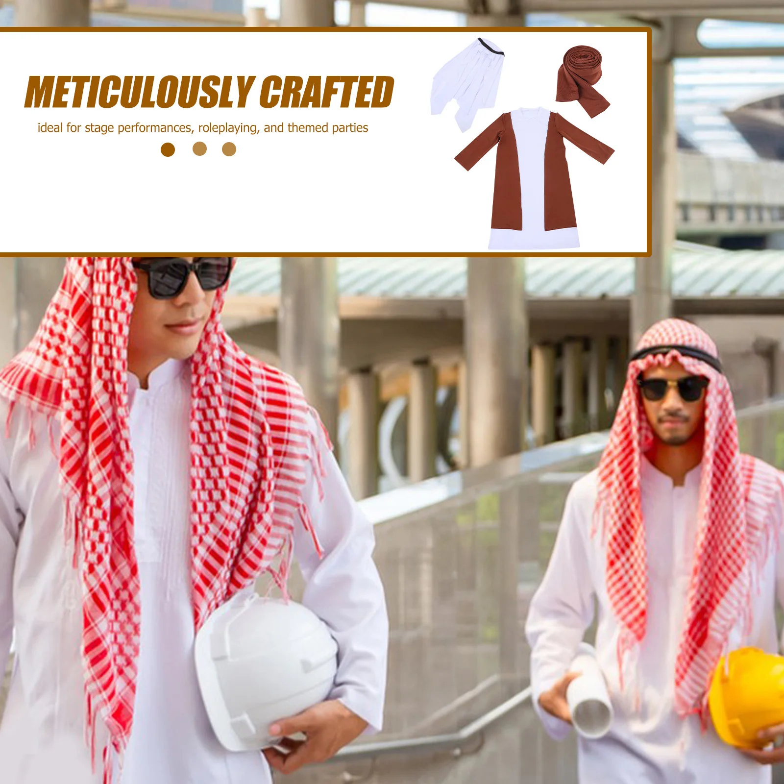 

Middle Eastern Dubai Shepherd Costume Arabian Elder Outfit Traditional Robe Headwrap for Halloween Cosplay Parties