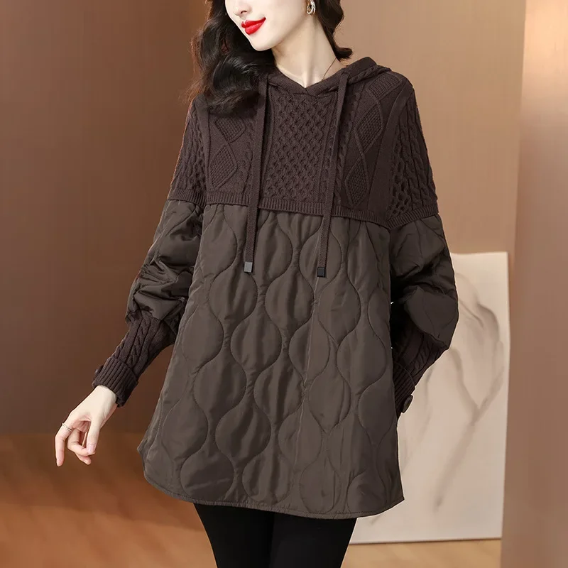 Women Literary Artistic Retro Patchwork Hooded Cotton Jacket Female Winter New Loose Slim Casual Mid Length Cotton Coat Pullover