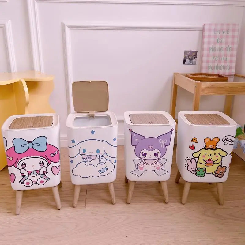 Sanrioed High Foot Trash Can My Melody Kuromi Cinnamoroll Press Cover Dustbin Trash Bin Square Wastepaper Basket Garbage Bucket