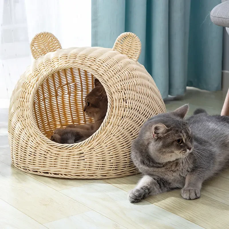 Hand-woven Pet House Rattan Cat Nest Summer Semi-closed Indoor Sleeping Bed Mat Durable Puppy Basket for Small Medium Cats/Dog