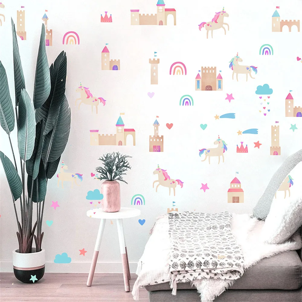 Watercolor Unicorn Castle Wall Stickers Baby Nursery Cartoon Cloud Star Crown Wall Decals Girl Room Kids Bedroom Decor