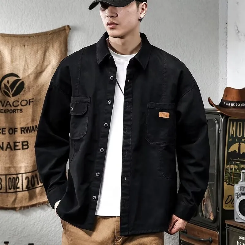 American Retro Long Sleeve Men's Casual Shirt Hard Man Spring Autumn Heavyweight Hunting Jacket Loose Fit Breathable Cotton
