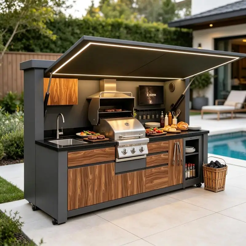 Outdoor Kitchen Premium 304 Stainless Steel BBQ Station With Prep Table Sink Storage For Terrace Outdoor Party