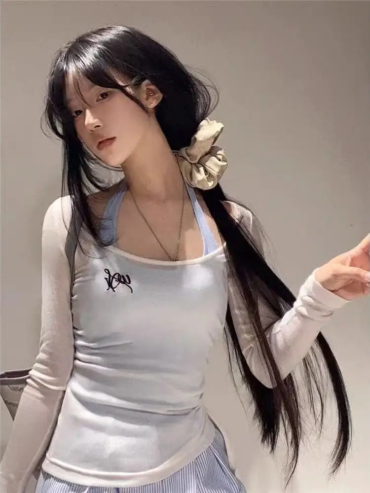 Conjunto de peças de camiseta sensual irmã coreano puro desejo cintura costurado transparente pendurado ne colete emagrecimento calças azuis