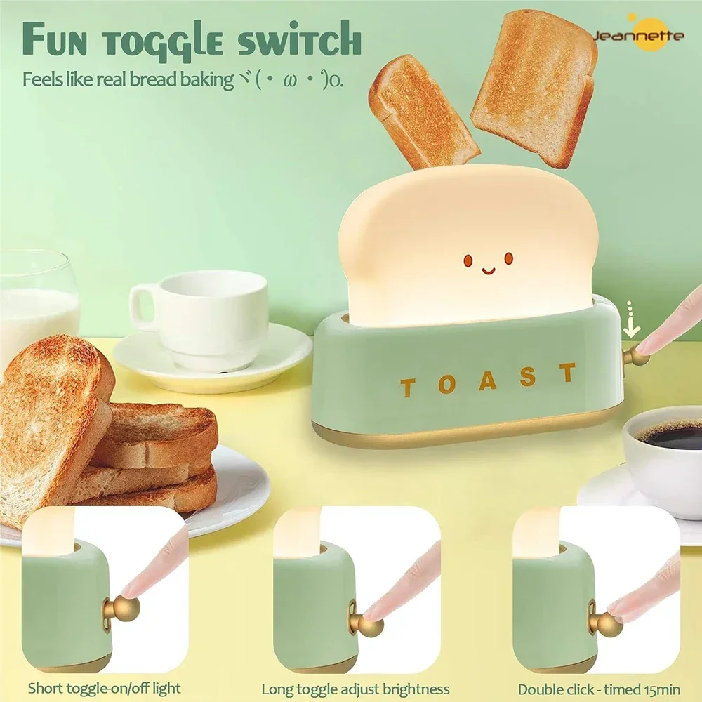 Toast Cartoon LED Night Light Cute Home Decor Kawaii Bread Table Lamps Night Breastfeeding Portable Light with Timer Tiny Lamp