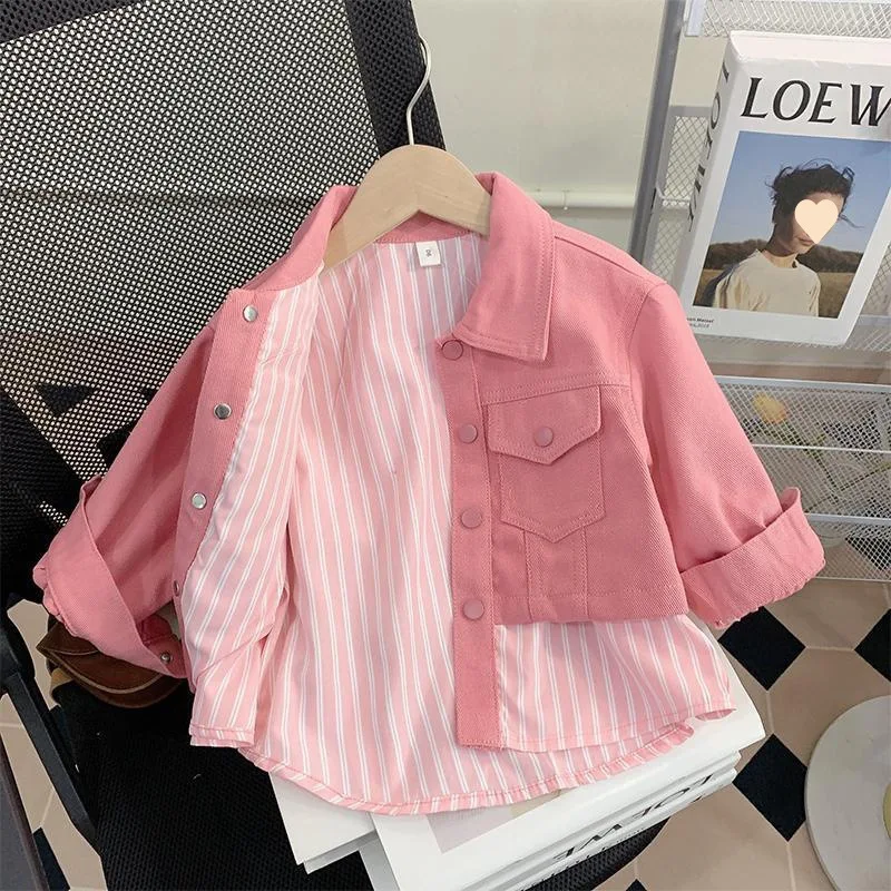 Girls\' pink striped patchwork denim jacket Big bow on back  A casual fall jacket girl\'s blouse girls blouse Cute coat for girls