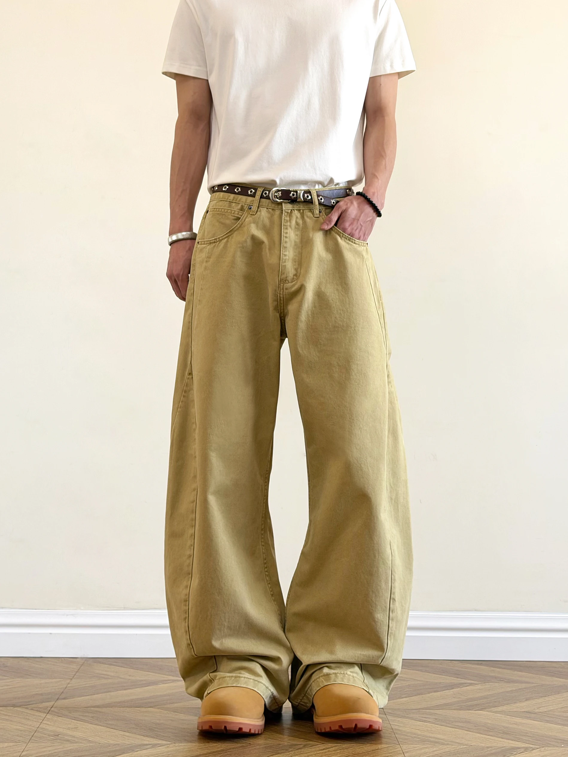 Calças de Trabalho Americanas Retrô Disobey em Caqui com Design de Faca Bordado, Jeans de Perna Larga para Homens e Mulheres,...