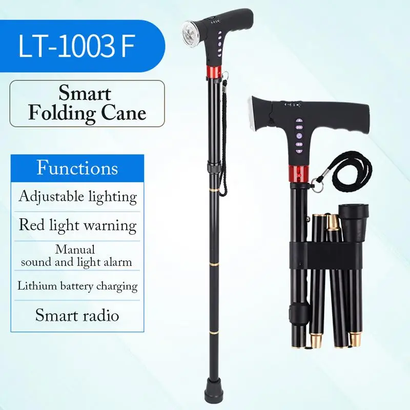 Travel Adjustable Folding Cane For Men Women With Alarm Led Light Radio And Cushionable Handle Suitable For Disabled And Elderly