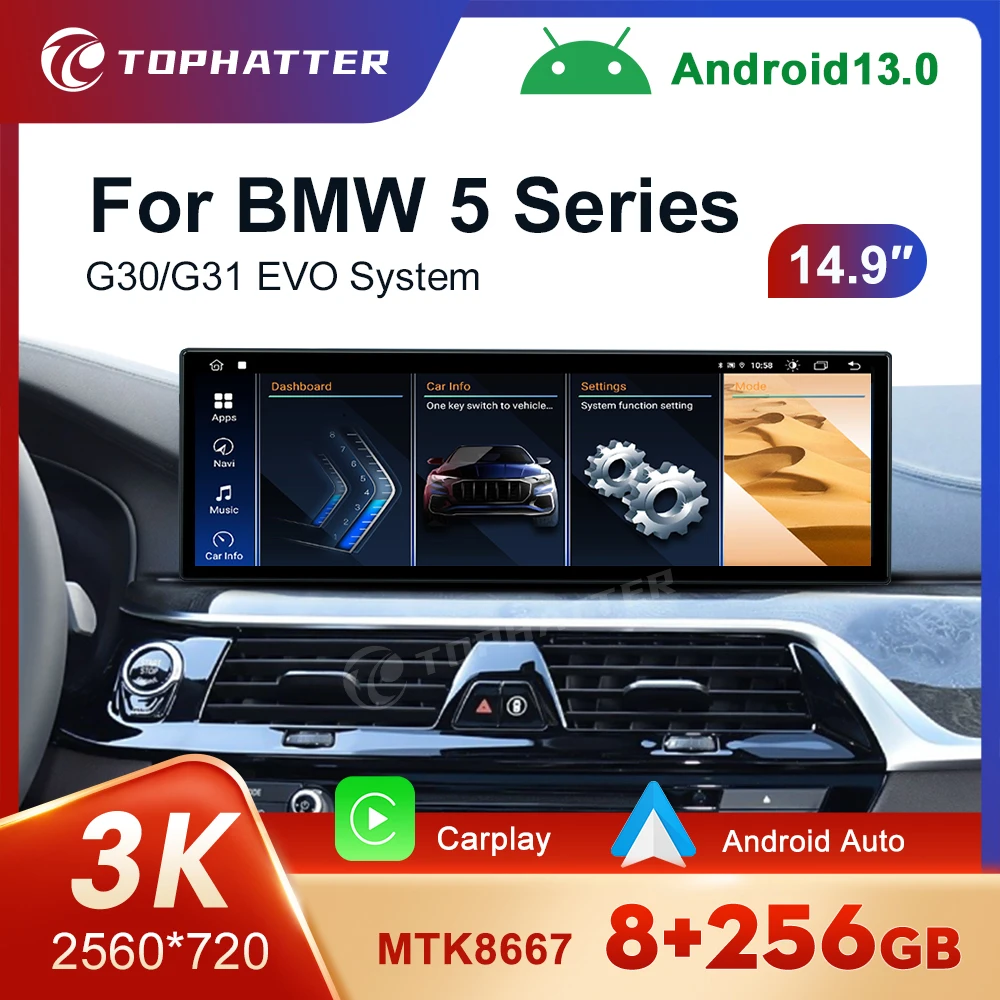 14.9 inch Car Radio For BMW 5 Series G30 G38 EVO System CarPlay Android 13 Auto Multimedia Player Screen 668S Head Unit ID8 DSP