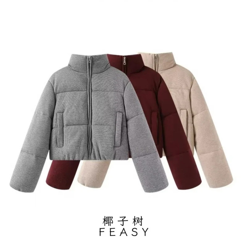 

European American Women's Fashion 2025 Hot-Selling Autumn and Winter New Knitted Fabric Stand Collar Warm Cotton Jacket