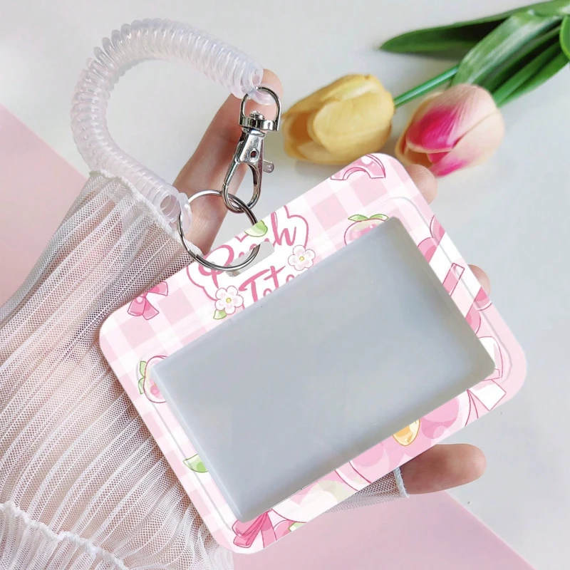 Cartoon Peach Rabbit Pattern Card Holder with Retractable Spring Cord Bank Identity Bus Card Sleeve Case Credential Badge Holder