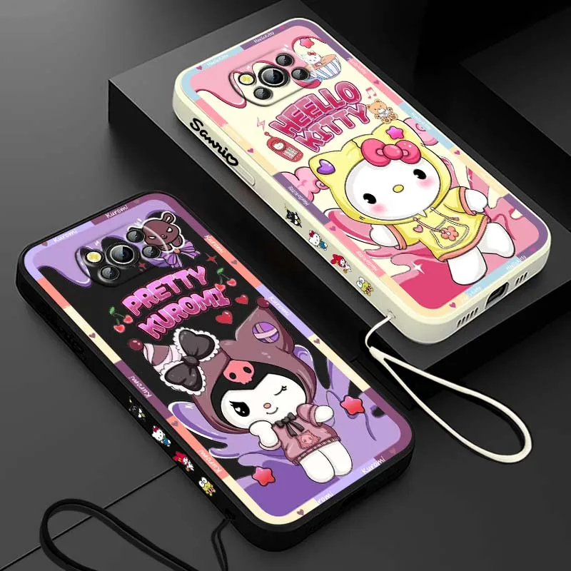 Милый чехол для телефона Hello Kitty Kuromi для Xiaomi Poco X6 X5 X4 X3 M6 M5 M3 F6 F5 F4 F3 GT Pro 5G Liquid Left Rope