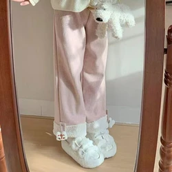 Japan Kawaii Lolita Style Corduroy Pants Women Cute Lion Embroidery Warm Plush Trouser Female Wide-legged Sweatpants Winter 2024