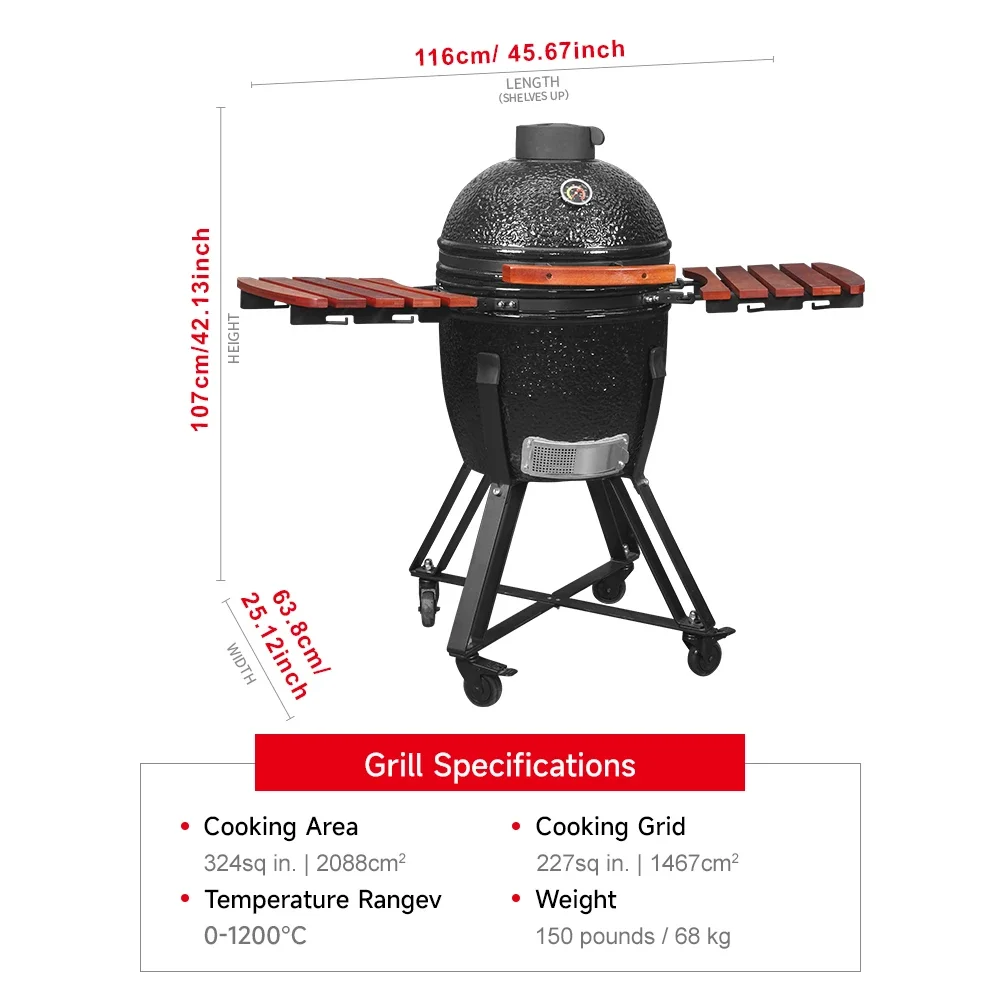 18 inch Black Charcoal Barbacoa Ceramic Grill for Garden Party Family Oven Kamado Grills