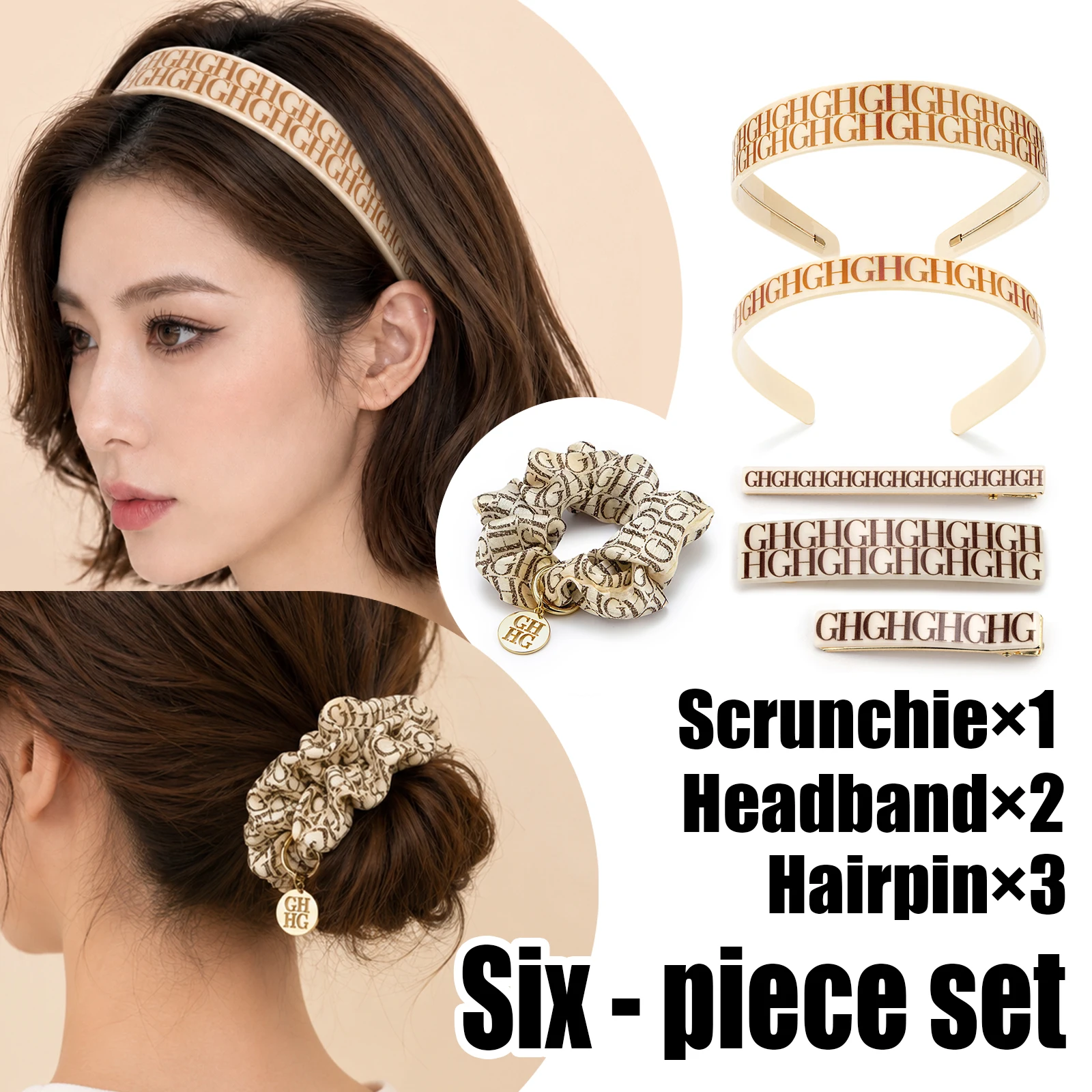 Women Hair Accessories Set 6Pcs Letter Pattern Scrunchie Headbands Hair Clips Daily Casual Style With Gift Box