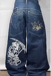 Pantalones vaqueros con bordado de calavera de la muerte para hombre y mujer, pantalón holgado de pierna ancha Y2K, estilo urbano americano, Harajuku, 2024