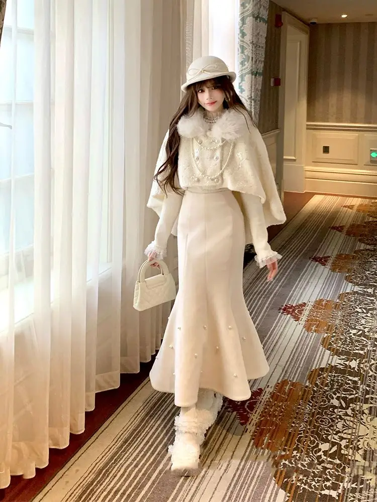 Aristocratic princess style fur collar cape jacket + versatile skirt suit for women elegant costume deux pieces femme