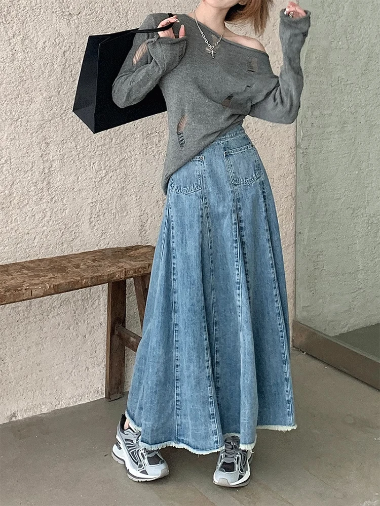 حجم كبير 2XL-6XL ريترو الأزرق المرأة الصيف كبير سوينغ الدنيم تنورة موضة عالية الخصر ألف خط التنانير الكورية فضفاضة ومتعددة الاستخدامات