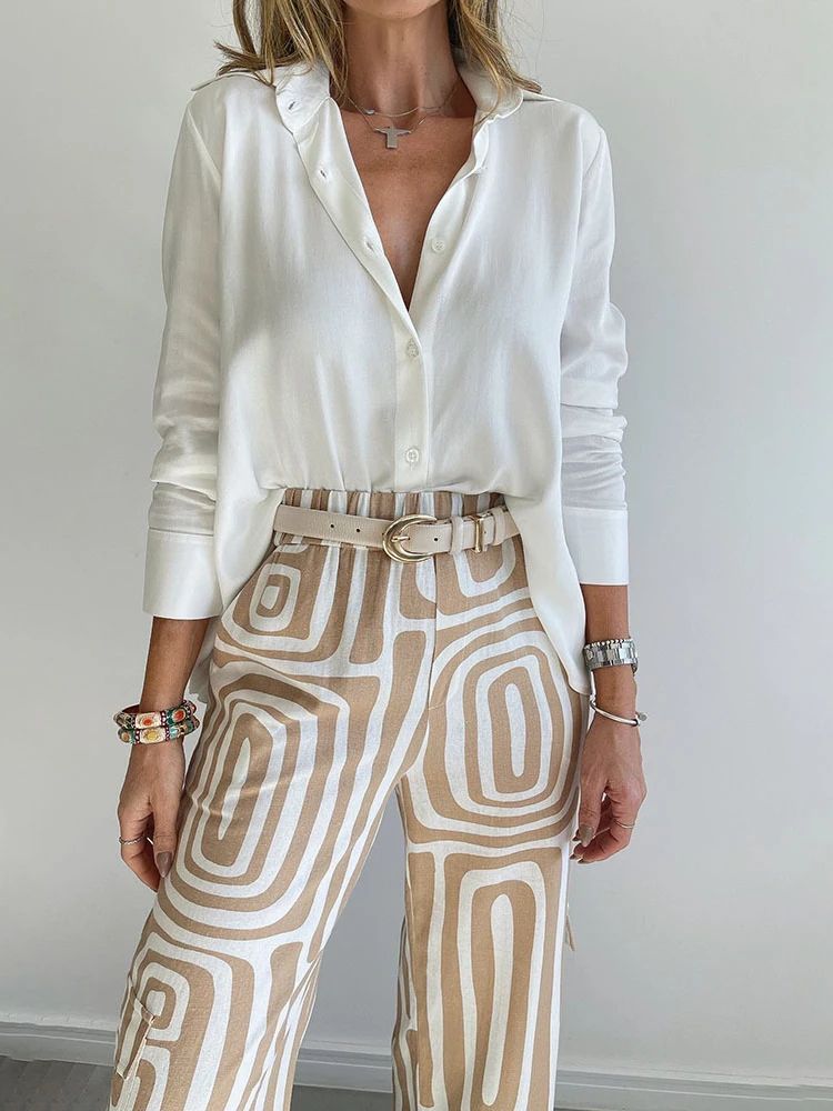 

Fashion Vintage Vacation Suits Female Clothing Casual Suit Women Digital Print Fashion White Shirt Loose Trousers Two-piece Set