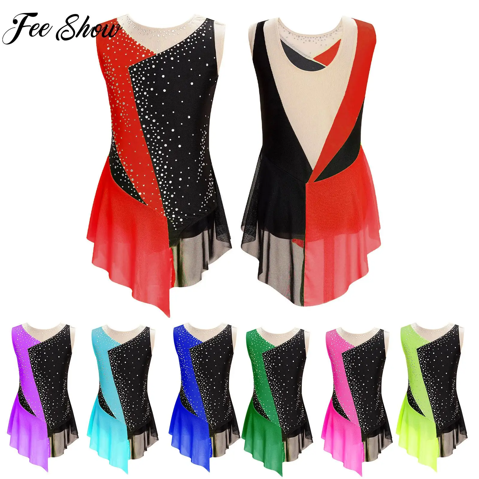 Body da ginnastica ritmica per ragazze, vestito da balletto per bambini, pattinaggio di figura, danza lirica, costume, tute senza maniche a blocchi di colore