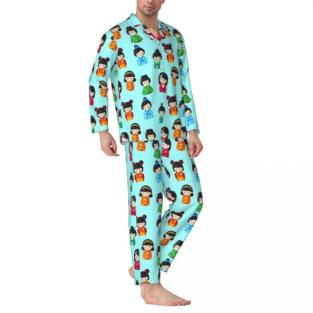

Kokeshi Japanese Dolls Sleepwear Spring Aesthetic Oversized Pajama Sets Men Long Sleeves Trendy Bedroom Graphic Nightwear