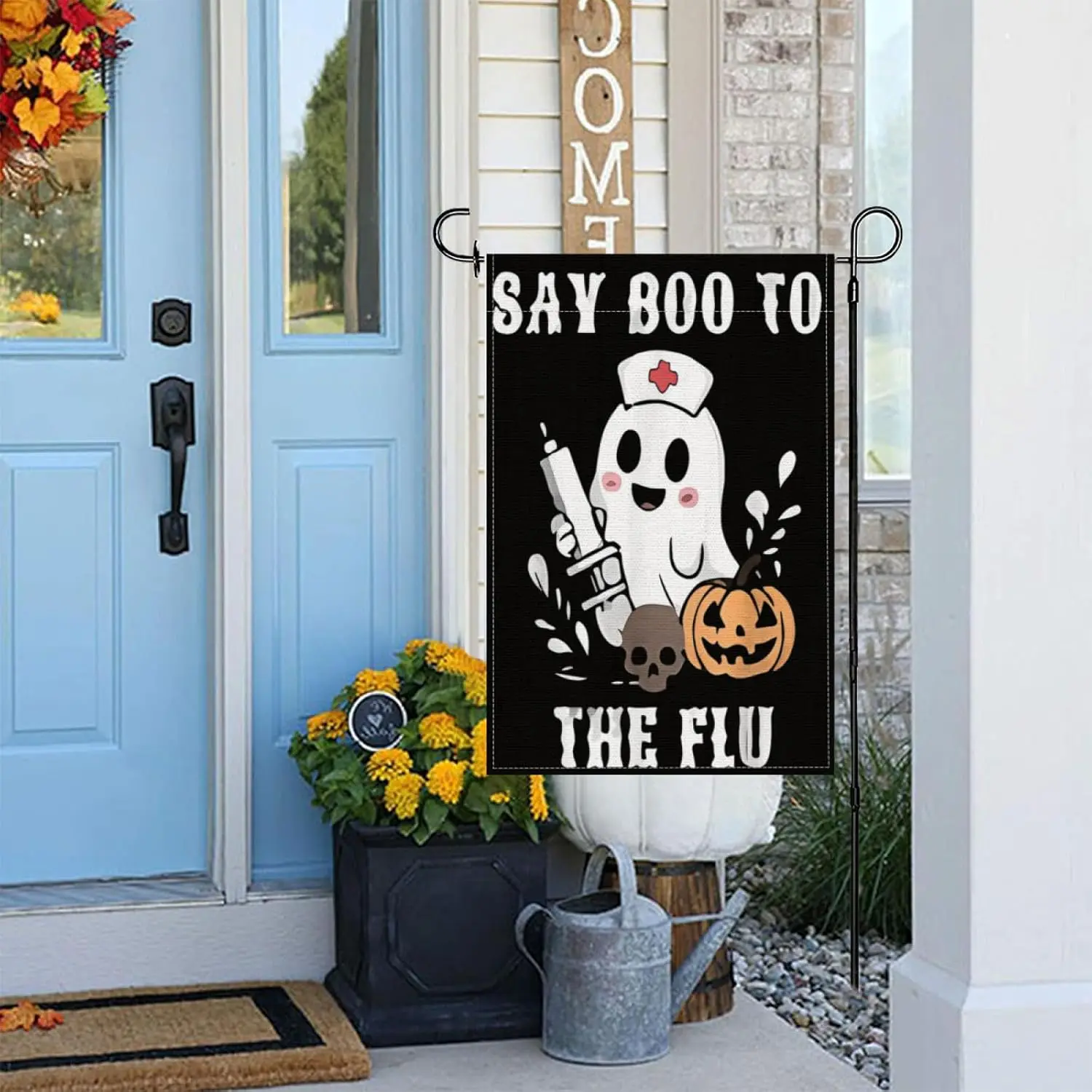 Retro Nurse Ghost Halloween Vaccine Say Boo to The Flu Garden Flag,12x18 Inch Perfect for Celebrating Holidays, Seasons, or  HHZ