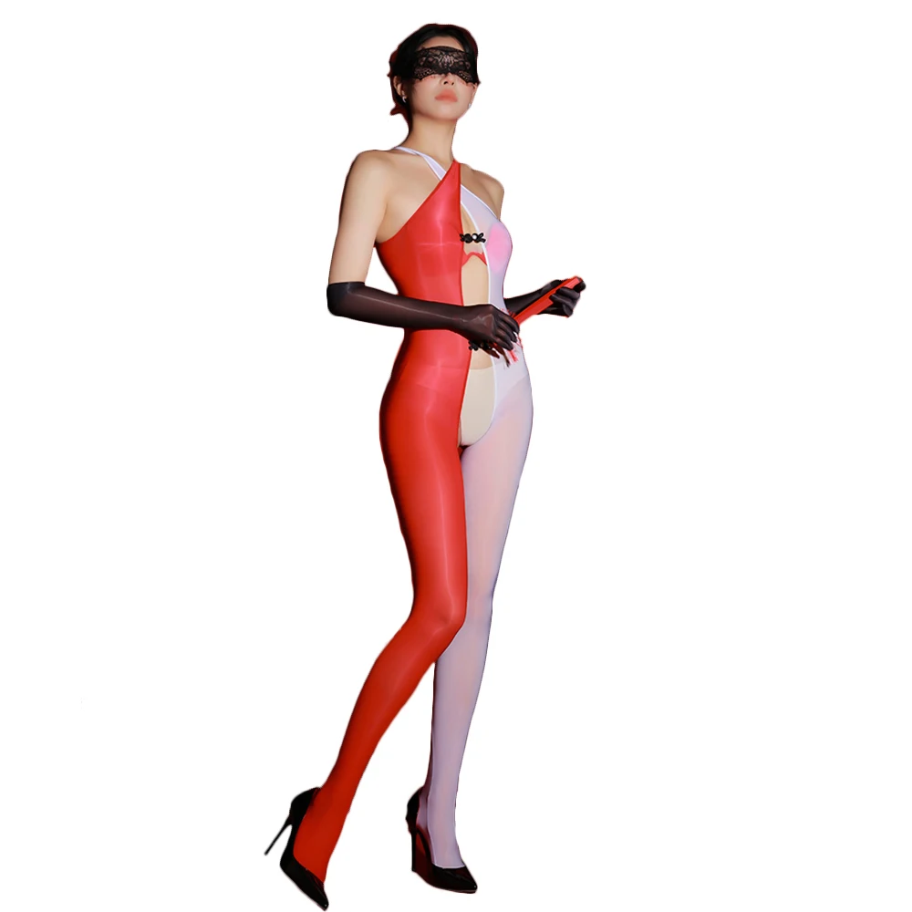 ผู้หญิงเซ็กซี่ข้าม Patchwork แม่บ้าน Tights น้ํามันเคลือบเงาบอดี้สูท Rompers Silky Jumpsuit Shaping Leotard Backless Plus