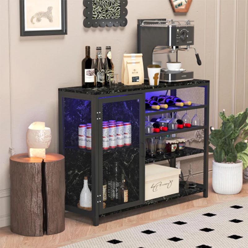 Gabinete de bar, gabinete de bar de vino, credenza de almacenamiento de licores, tablero lateral con estantes para vino y soporte para copas, con enchufe UAB, negro