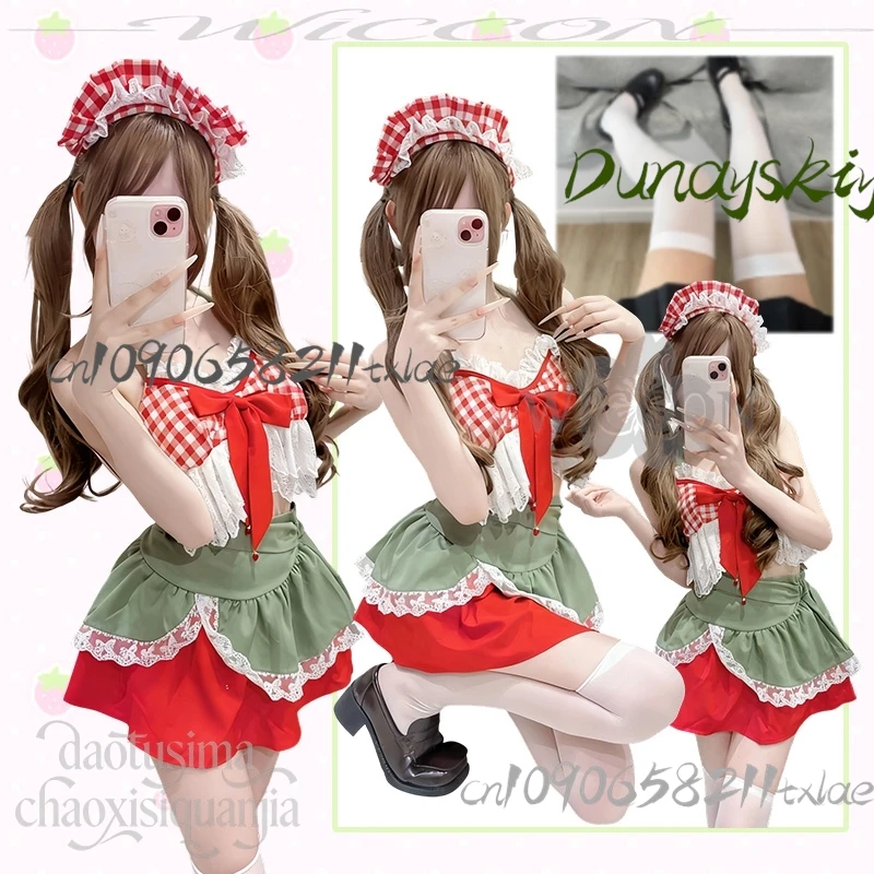 كوس مخزن لطيف الفراولة مثير الرسن تنورة قصيرة قطعتين عيد الميلاد تأثيري حلي جيراي كي بنات حفلة لوليتا الأصلي