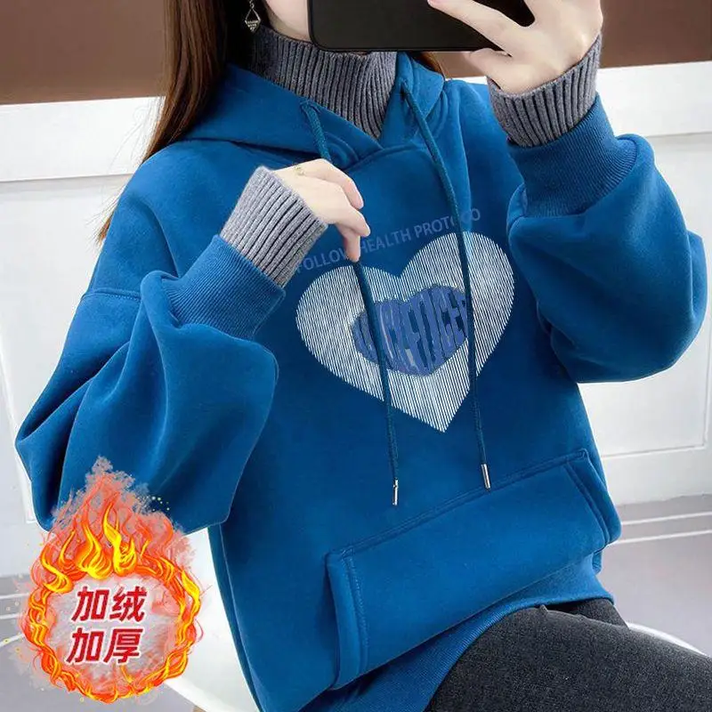 

Autumn Winter New Student Fake Two Hoodies Sweatershirts Women Plush Thickening Fashion Hooded Tops Korean Loose Pullover Jacket