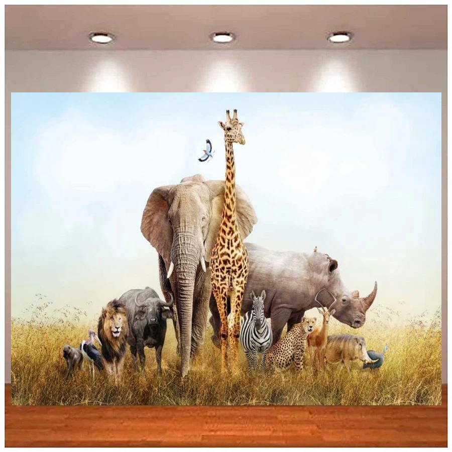 

Phtography Backdrop Large Group Of African Safari Animals in Grassland Elephant Giraffe Lion For Birthday Party Background