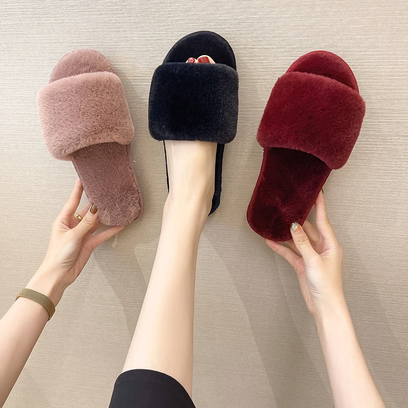 Fashion Plush One-word Slippers Women New Cotton Slippers Home Indoor Non-slip Warm Floor Cotton Slippers Women