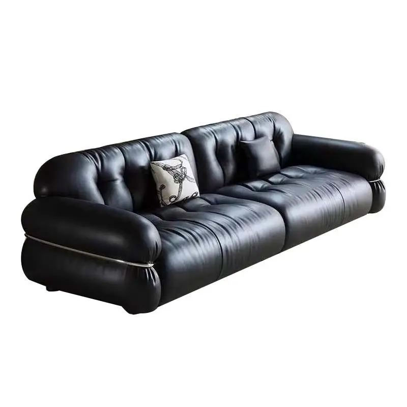 

French retro brown sugar cloud puff sofa living room modern 2025 new medieval leather