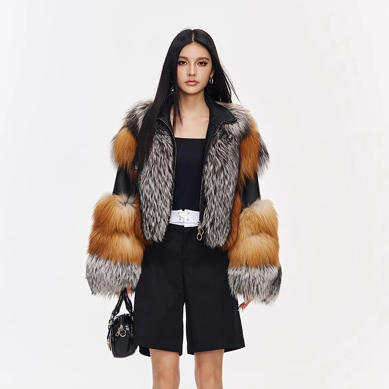Ftangaiur mulheres inverno importação casaco de pele de raposa manga longa feminino colorido casacos de raposa turn-down colarinho curto casacos de pele de raposa natural