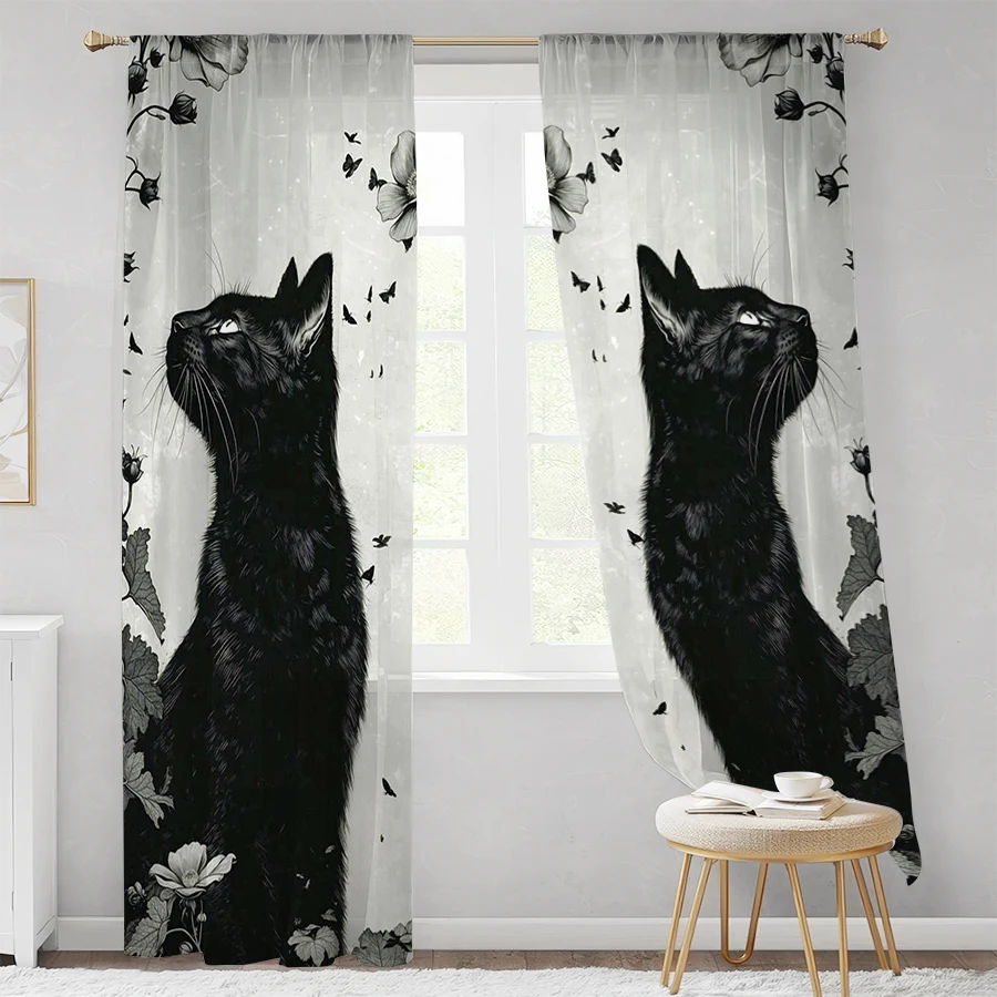 2PCS Digital Print Sheer Curtain, Black Cat Moon Flower Gothic Halloween Spooky Window Drapes for Living Room Bedroom Home Decor