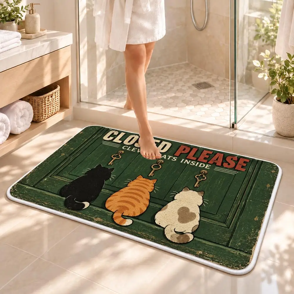 Vintage Cat Escape Floor Mat Flannel Rug Soft Non Slip Washable Door Mat for Bathroom Bedroom Kitchen Home Decor