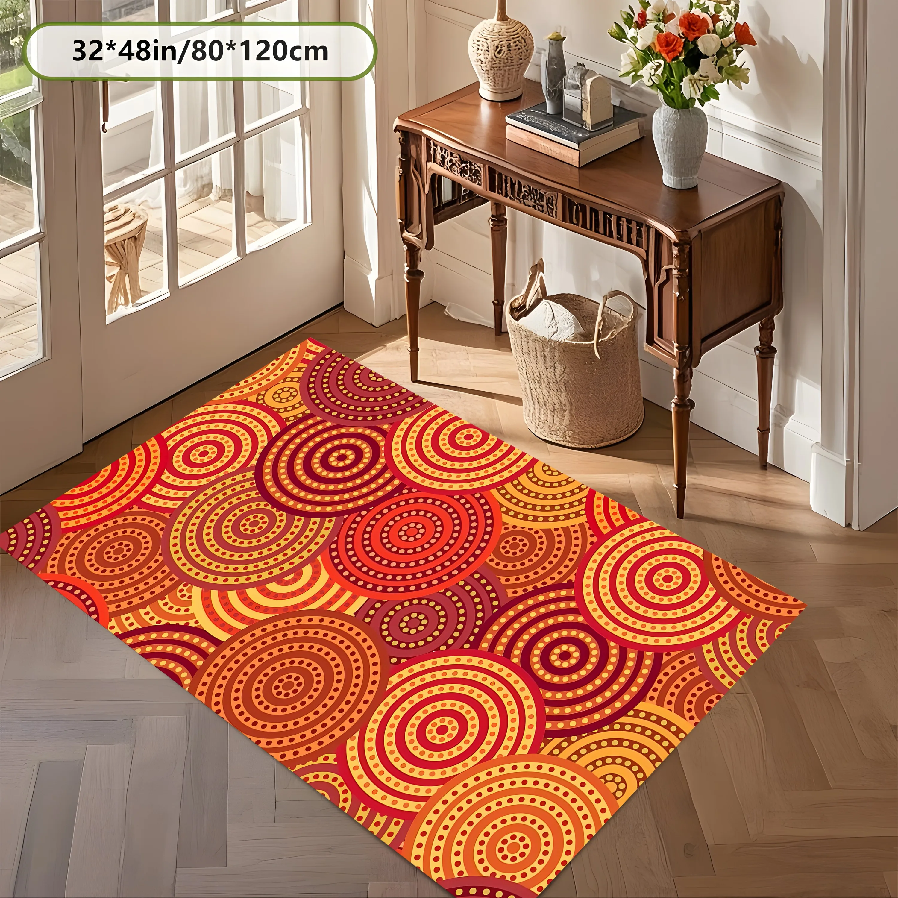 2D Carpet with Warm Orange Concentric Ring Pattern in Retro Ethnic Style for Living Room and Bedroom