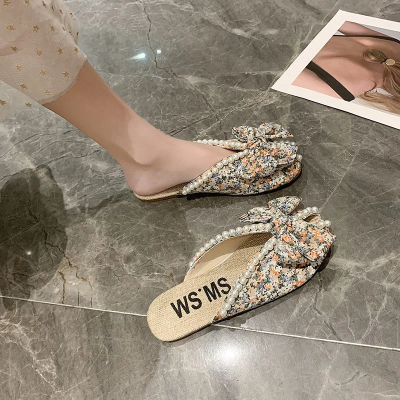 Women Slippers Summer 2022 New Fashion Flower Pearl Bow Sandales Femmes Sandalias Sweet Shoes Women Flat Slippers for Women