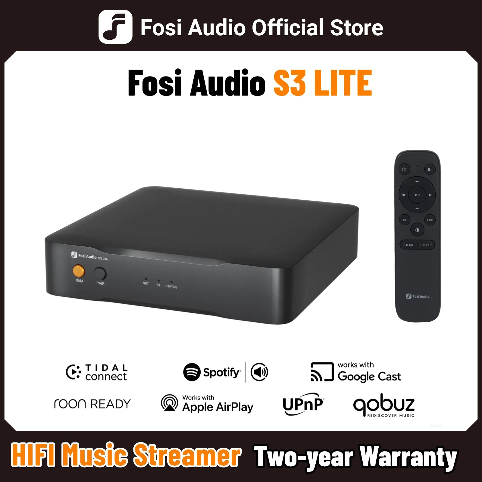 Fosi Audio S3 Lite Hifi Music Streamer WiFi Bluetooth Cyfrowy Odtwarzacz Audio z Obsługą AirPlay i Qobuz Connect