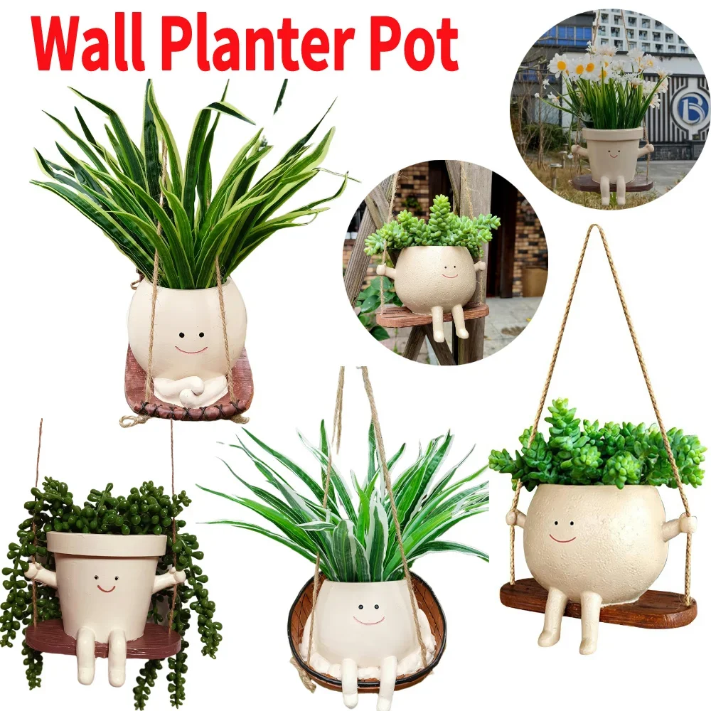 Creative Swing Face Planter Flower Pot Wall Planter Pot Wall Hanging Planters Smile Face Resin Flower Pot Garden Accessories