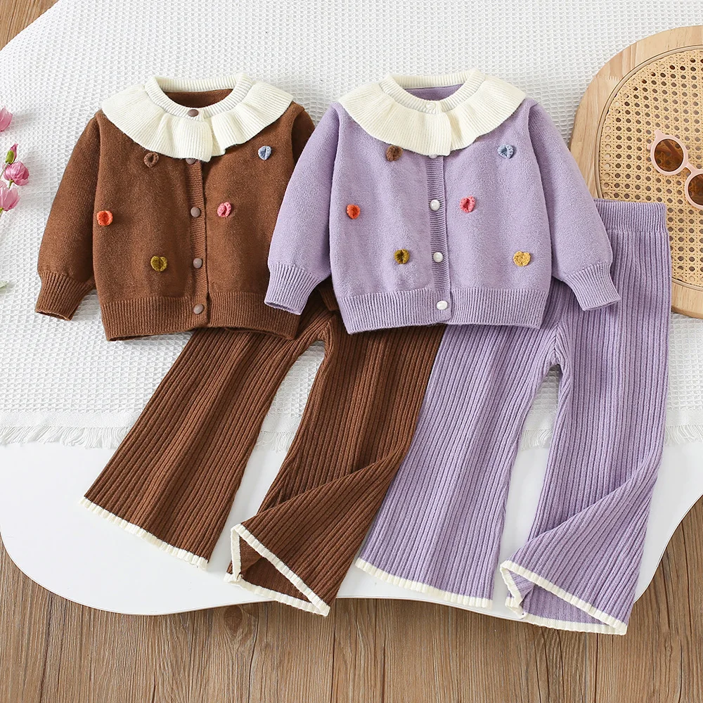 2026 New Arrival 2-6 Years Girls Knitted Cardigan Set with Ruffled Collar & Fashion Heart Patches Spring - Autumn Outfit