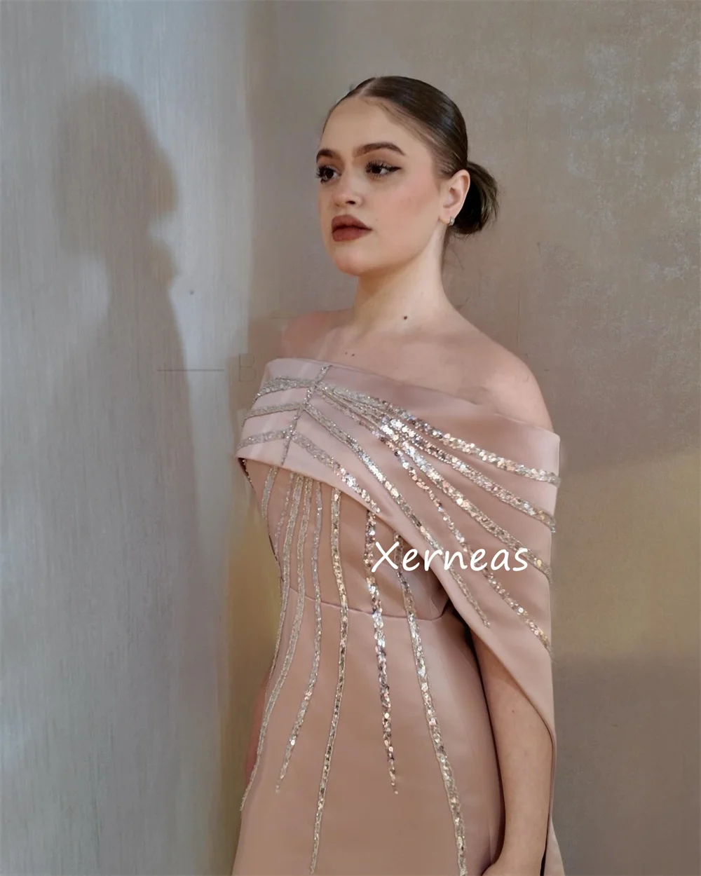 Customized Sparkle Charmeuse Sequined Pattern A-line Off-the-shoulder Long Dresses Bespoke Occasion Exquisite