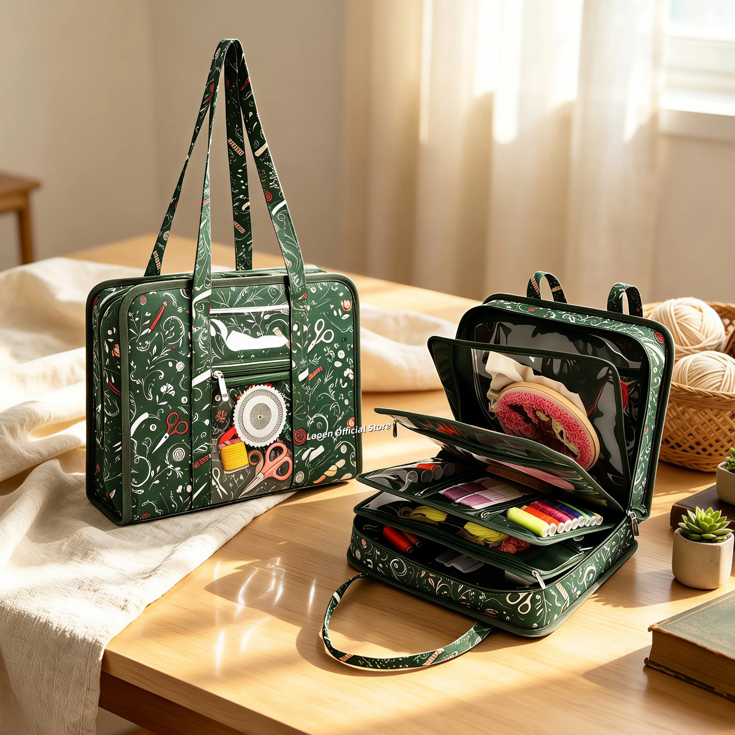Large Capacity Embroidery Tool Organizer Bag Multi-layer Knitting Crochet Needles Sewing Accessories Storage Bag Travel Tote Bag