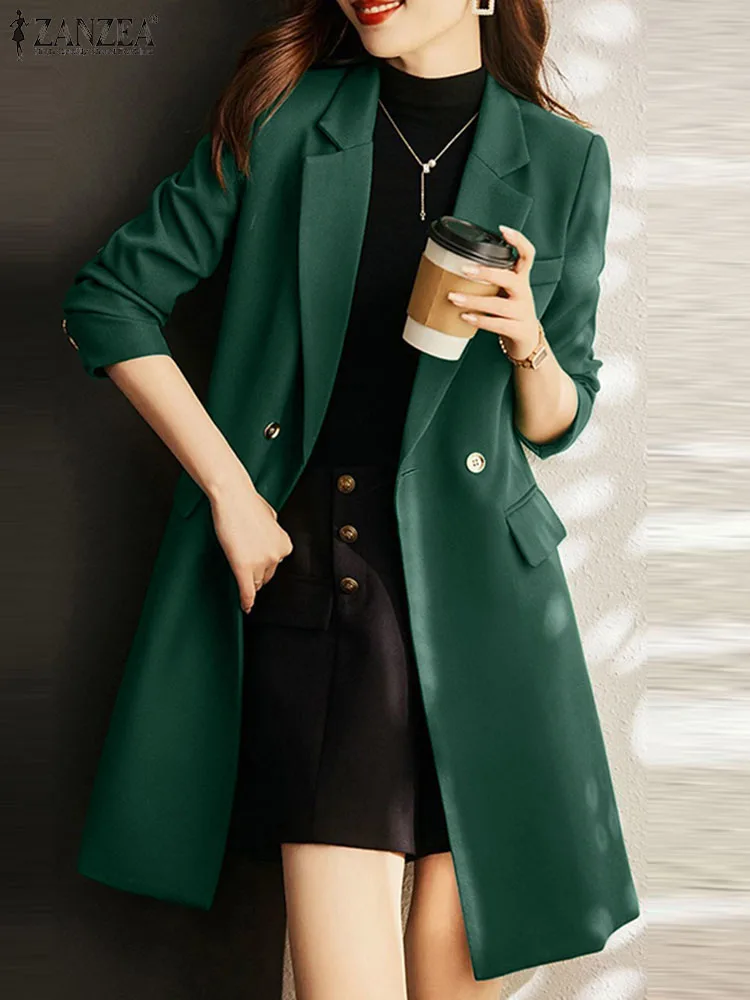 Fashion Autumn Women OL Work Blazer Suits Long Sleeve Lapel Neck Jackets ZANZEA Vintage Solid Long Coats Female Holiday Outwear